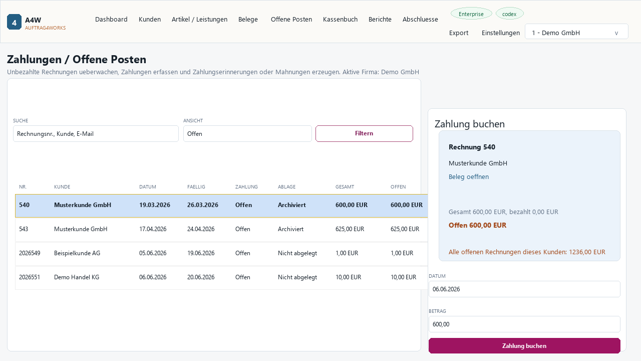 A4W Auftrag4Works offene Posten und Zahlung buchen mit anonymisierten Demo-Daten