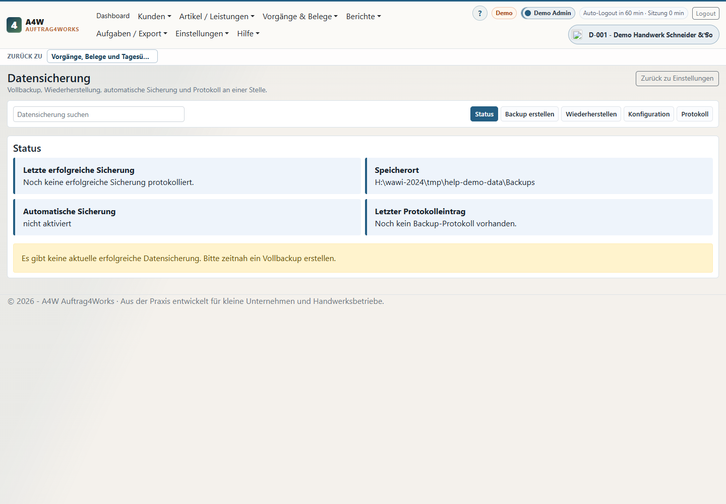Demo-Backup-Prüfung mit Login-Benutzern und Restore-Sicherheitswort