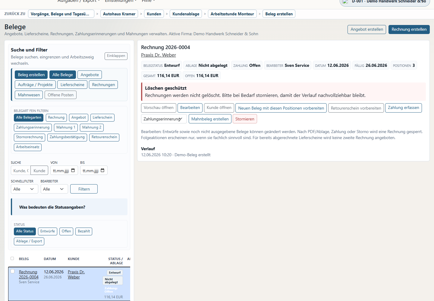 Belegliste mit Angebot und Folgebeleg-Aktion