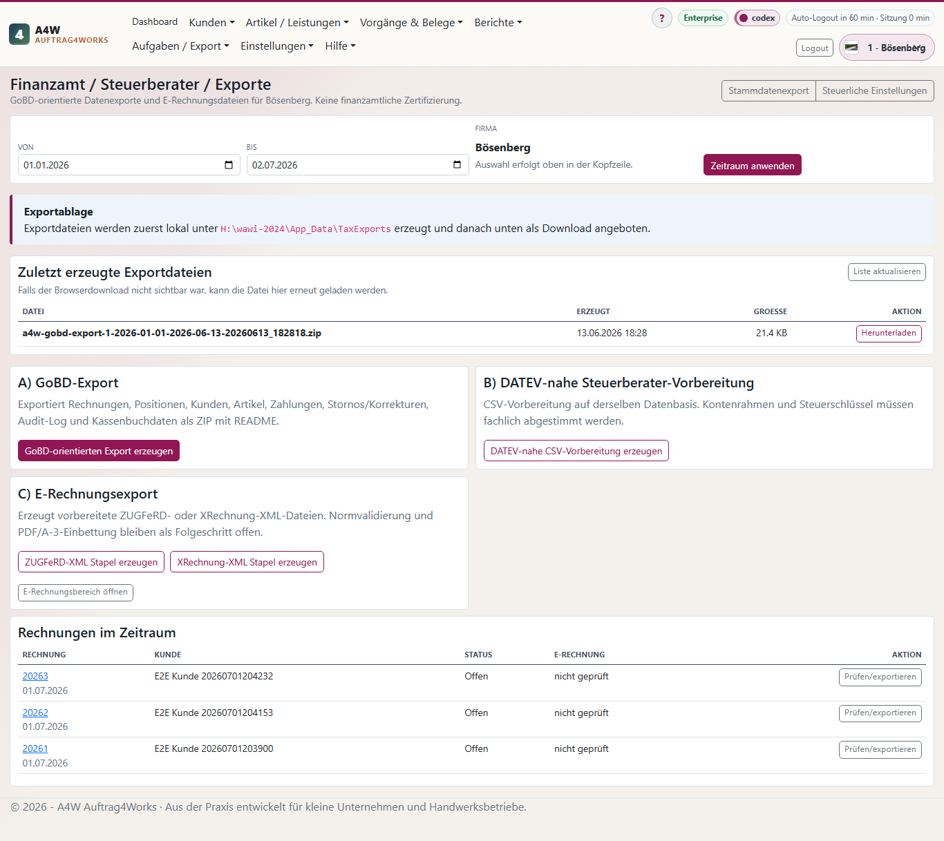 Finanzamt Steuerberater Exporte mit GoBD DATEV-naher Vorbereitung und E-Rechnung